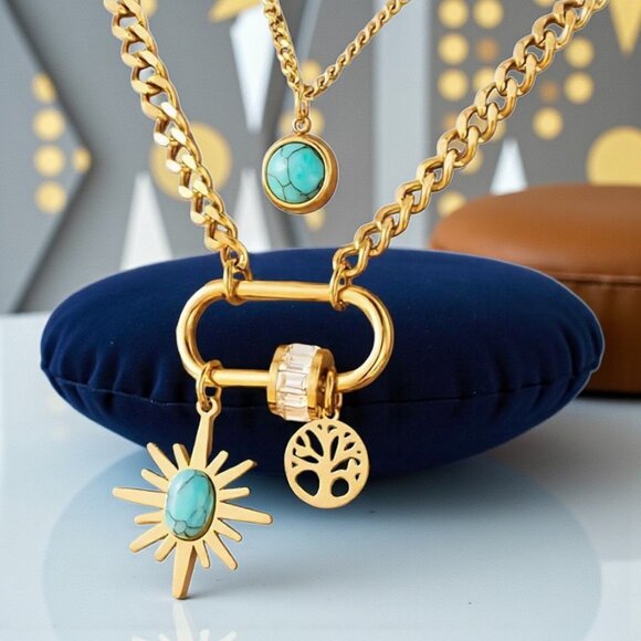 🆕️18K Gold Plated Turquoise Layered Necklace with Charms Sparkling Zirconia - Picture 7 of 10